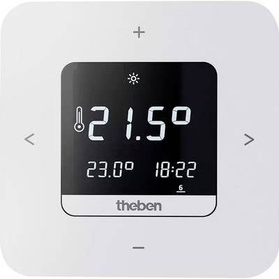 Un thermostat numérique affiche 21,5 degrés Celsius. En dessous sont indiqués 23,0 degrés comme température de consigne et l'heure 18:22.
