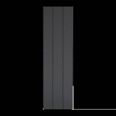 Une porte grise et haute avec des rainures verticales sur un fond blanc.