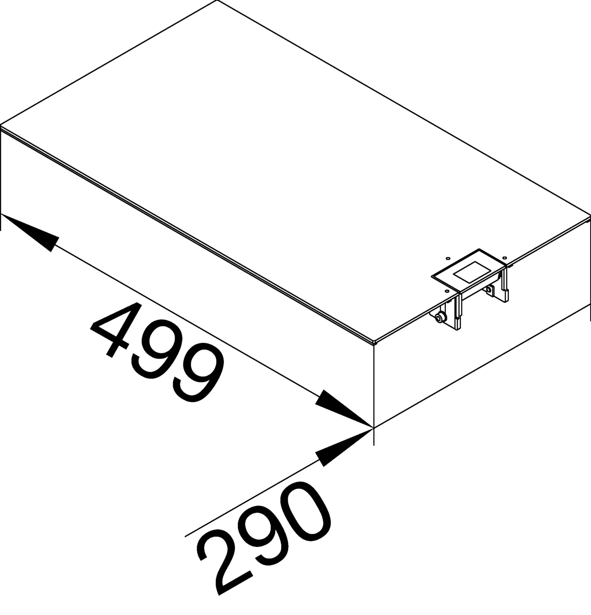 Dessin technique d'un boîtier rectangulaire de dimensions 499x290 mm, comprenant une petite ouverture carrée sur le côté supérieur droit.