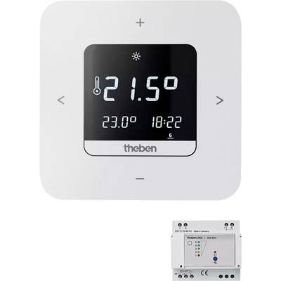 Un thermostat numérique affiche une température actuelle de 21,5 degrés, une température cible de 23 degrés et l'heure 18:22.