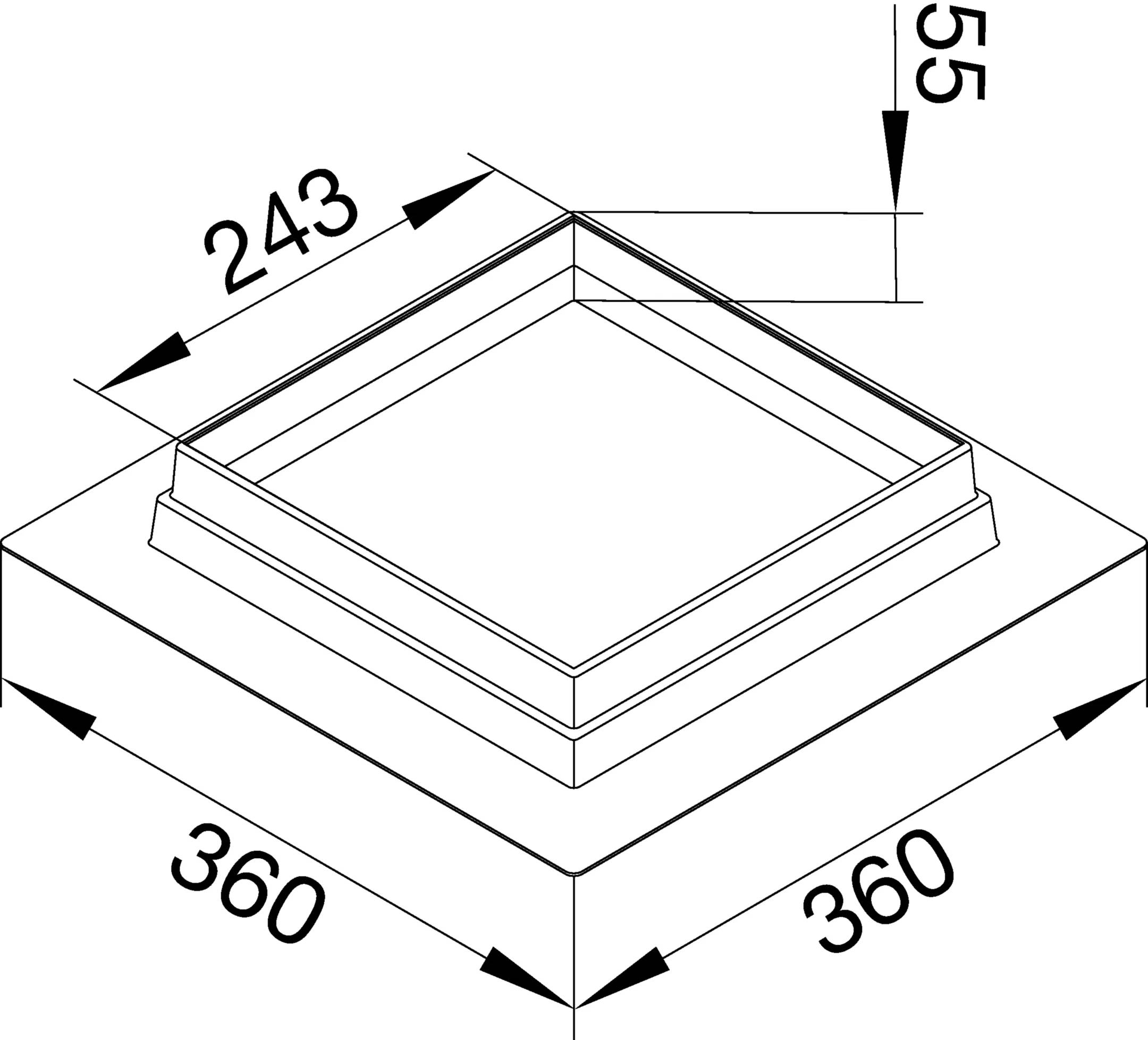 Dessin technique d'un profil d'objet carré avec les dimensions suivantes : largeur 360 mm, profondeur 360 mm, hauteur 55 mm et zone intérieure 243 mm.
