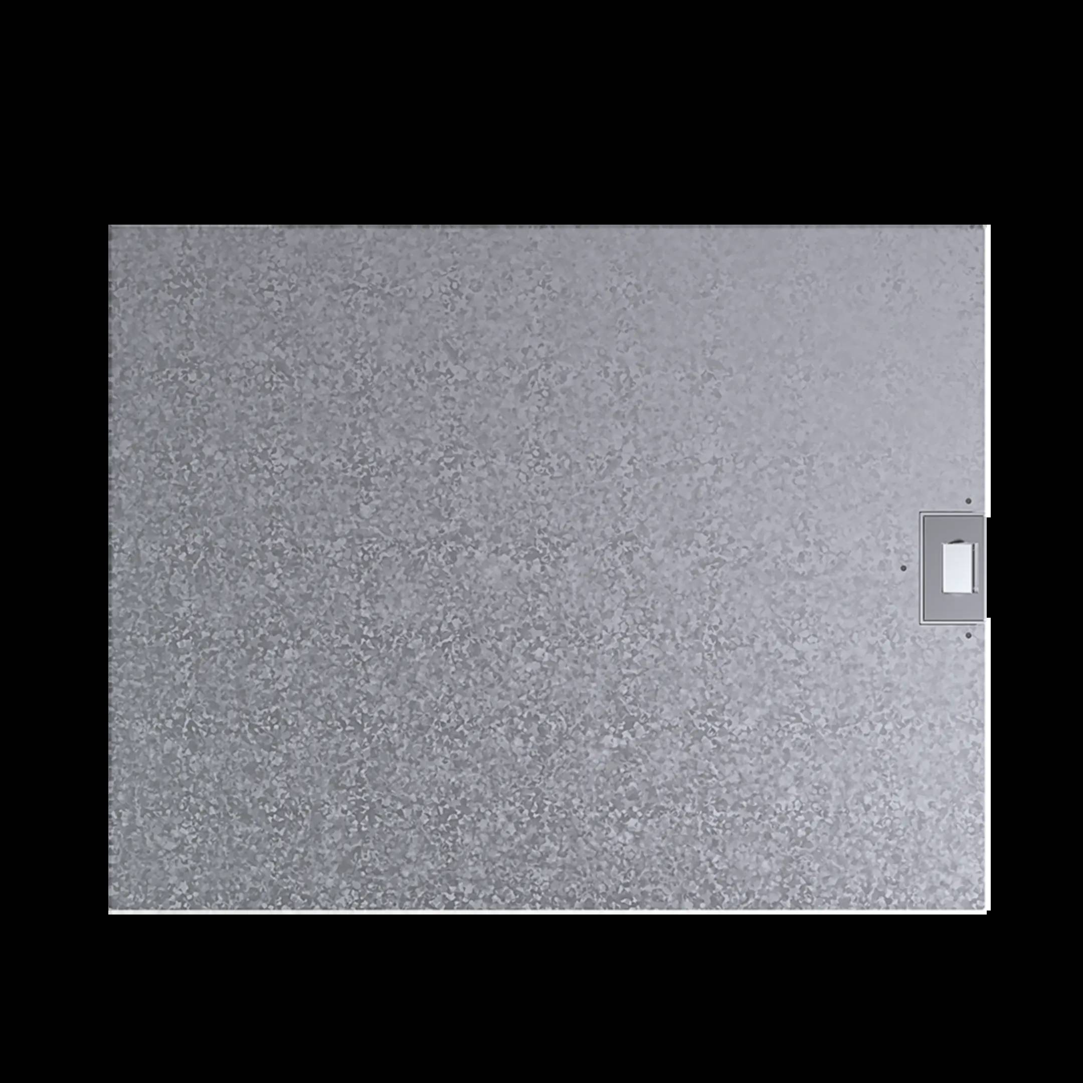 Plaque métallique grise rectangulaire avec une petite échancrure rectangulaire sur le côté droit, sur un fond noir.