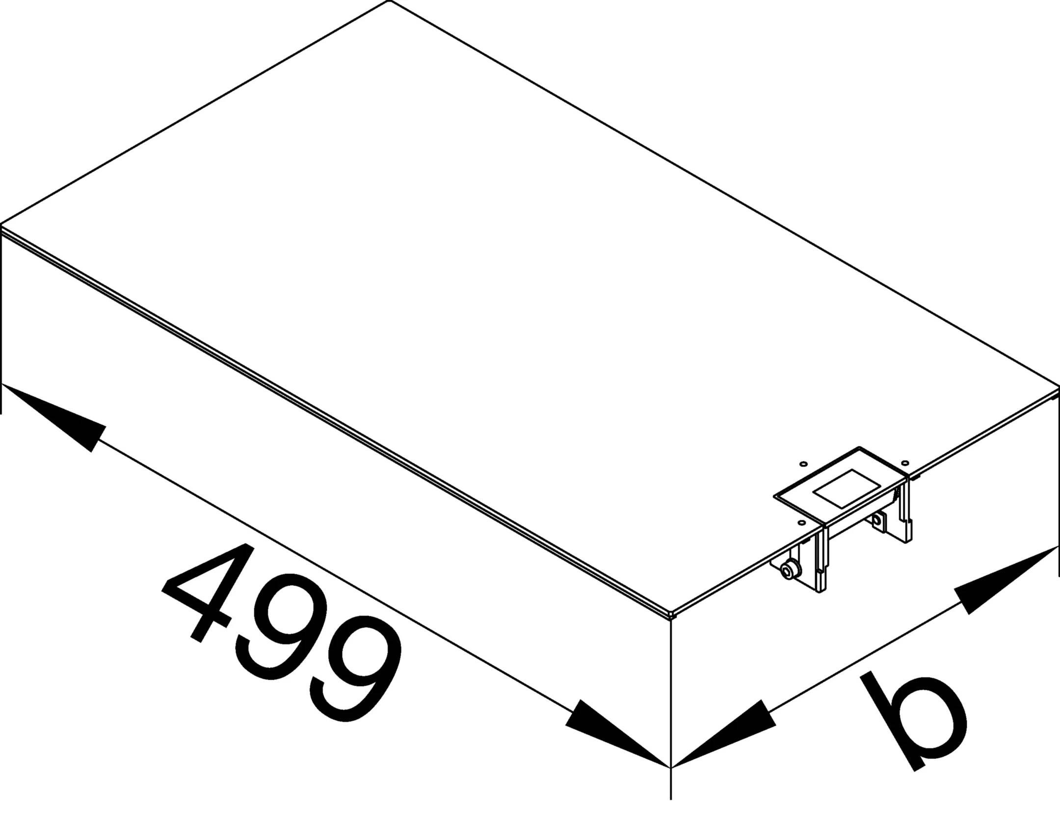 Représentation isométrique d'un objet rectangulaire de dimensions 499 x 499. Détails de l'objet visibles sur l'arête supérieure.