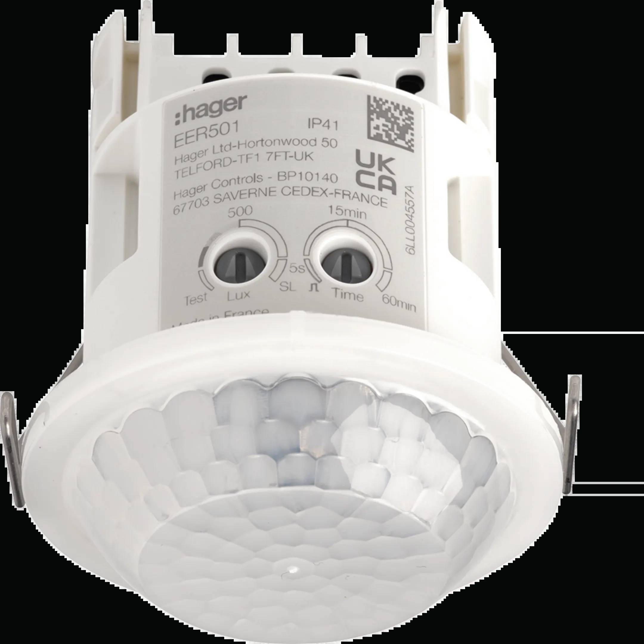 Détecteur de mouvement avec capteur omnidirectionnel, adapté pour une installation au plafond. Le nom de la marque et les spécifications techniques sont visibles.