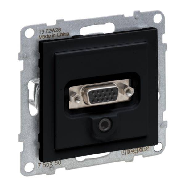 Prise VGA avec cadre noir, adaptée à l'installation murale, permettant de connecter des appareils avec port VGA.