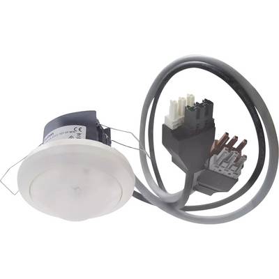 Un détecteur de fumée connecté avec boîtier en plastique, câble intégré et connecteur, prêt à être installé dans un système d'alarme.