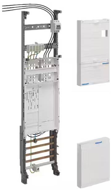 Un grand bâti métallique avec plusieurs boîtiers modulaires disposés les uns au-dessus des autres et un câblage, destiné à la distribution électrique.