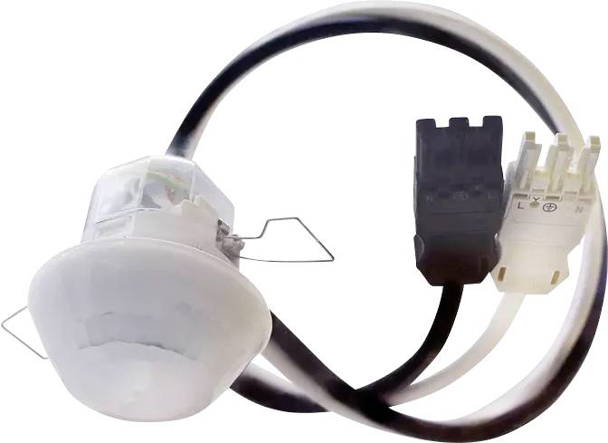 Un capteur de mouvement blanc avec un câble noir et un câble blanc, connecté à deux bornes, sur un fond blanc.