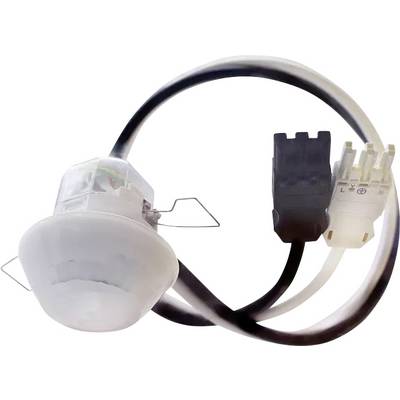 Un capteur de mouvement blanc avec un câble noir et un câble blanc, connecté à deux bornes, sur un fond blanc.
