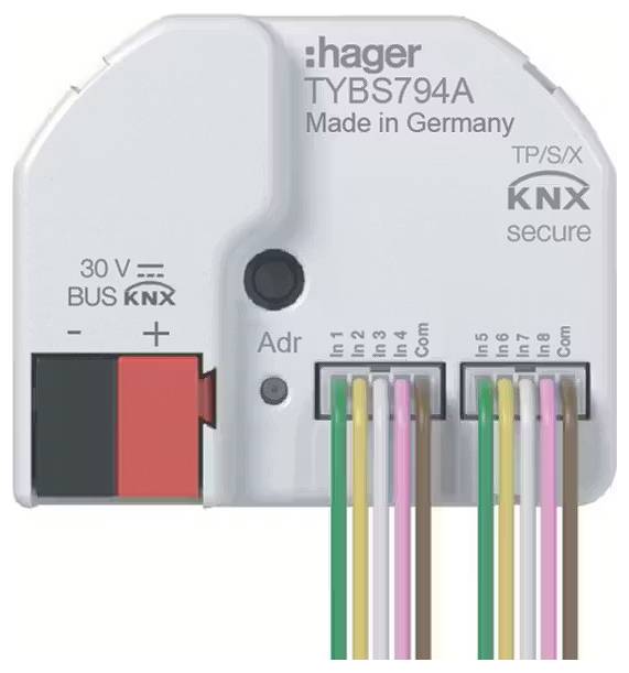 Un acteur Hager KNX, modèle TYBS794A, avec plusieurs câbles connectés. Étiqueté 'Made in Germany' et 'KNX secure'.