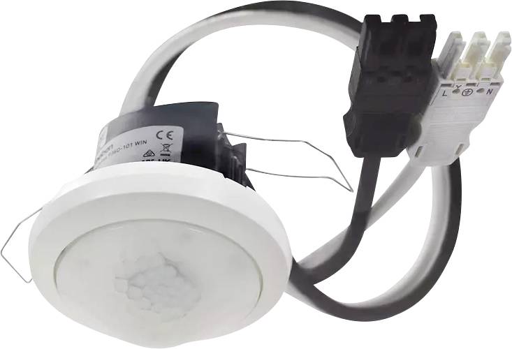 Détecteur de mouvement avec capteur rond blanc et câble noir. Adapté pour une installation au plafond afin d'activer l'éclairage lors de la détection de mouvement.