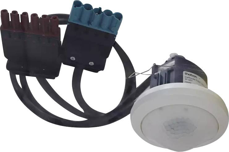 Détecteur de mouvement électrique avec capteur circulaire et long câble, adapté à la détection de mouvements pour la commande d'éclairage.