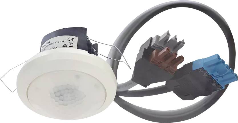 Capteur circulaire avec câble monté pour la détection de mouvement, adapté à l'installation au plafond dans les systèmes d'éclairage.