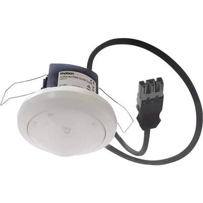 Un capteur rond avec un couvercle en plastique et un câble, adapté pour un montage au plafond. Le capteur est un modèle de la marque Theben.