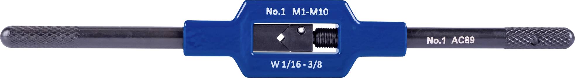 Long taraud bleu avec poignées réglables portant l'inscription 'No. 1 M4-M10' et 'W1/4-3/8'.
