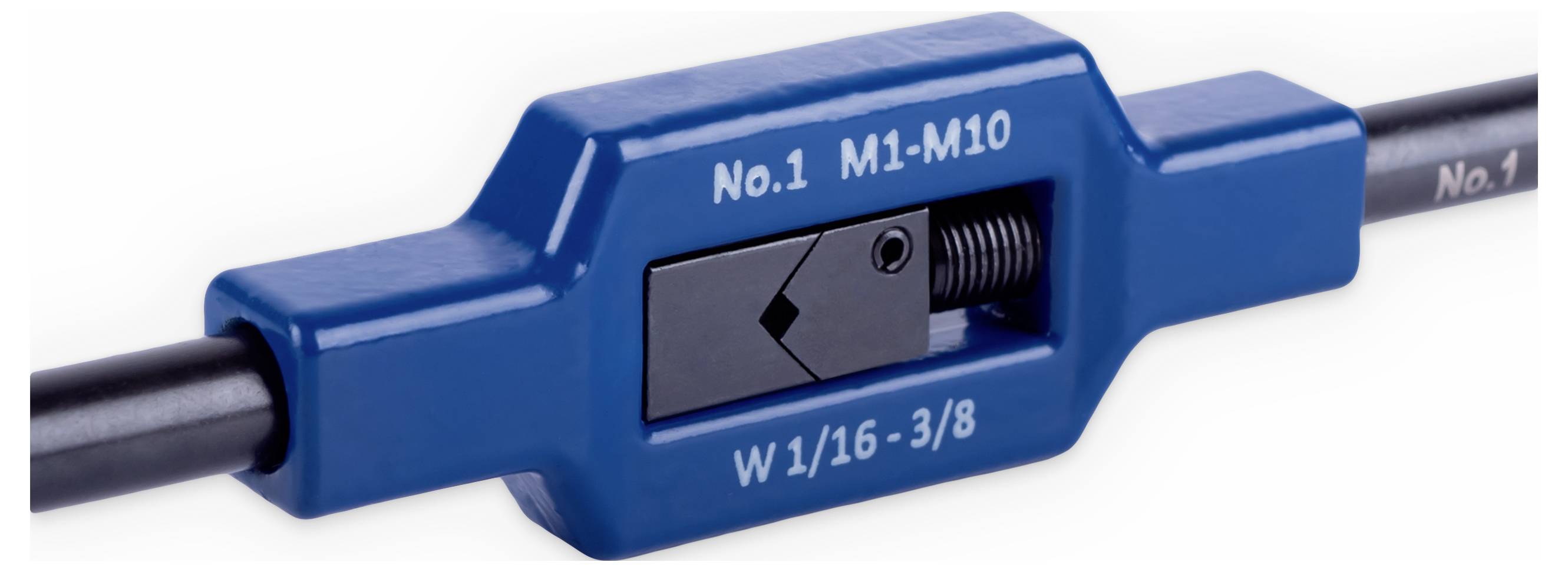 Outil bleu rectangulaire servant à fileter des tuyaux. Inscription 'No.1 M1-M10' et 'W 1/16-3/8'.