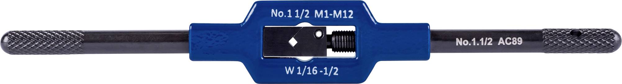 Un porte-taraud bleu avec une poignée striée portant l'inscription 'No. 1/2 MM-M12' et 'W1/4-1/2 AC50'.