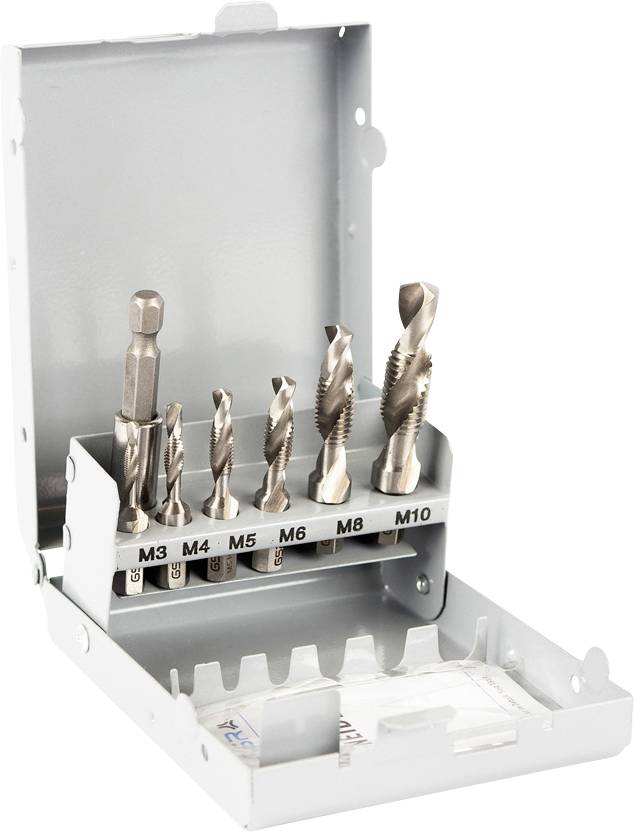 Un jeu de tarauds dans un coffret métallique ouvert, marqué pour des tailles de M3 à M10, destiné à fileter du métal ou du plastique.