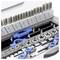 Boîte à outils contenant des outils de filetage, comprenant des tarauds, des filières et des supports. Les étiquettes indiquent des tailles de M3 à M12.