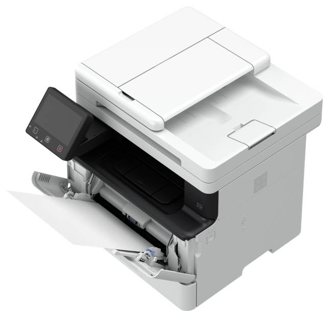 Un imprimante multifonction blanche avec un panneau de commande sur le côté gauche imprime une feuille de papier.