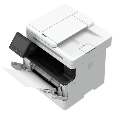 Un imprimante multifonction blanche avec un panneau de commande sur le côté gauche imprime une feuille de papier.
