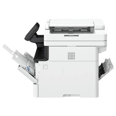 Un imprimante multifonction blanche avec le bac à papier ouvert et un scanner sur un fond clair.