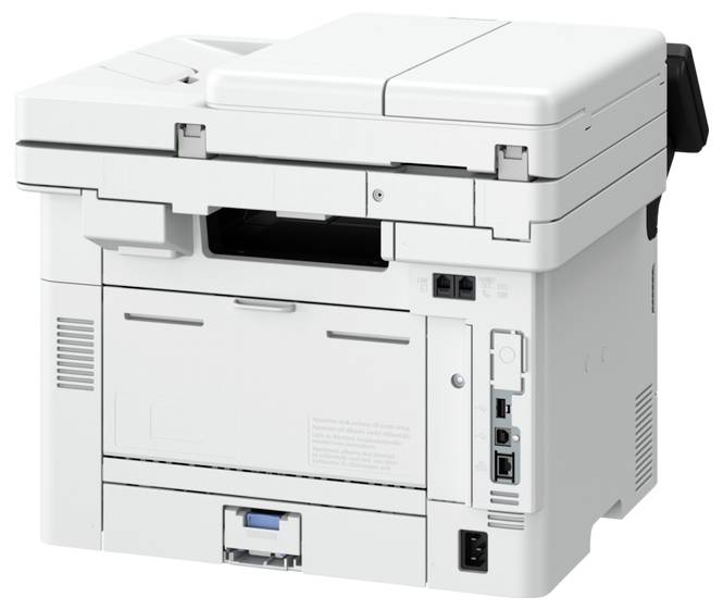Une petite imprimante multifonction blanche avec un panneau de commande sur le dessus. Prend en charge l'impression, la numérisation et la copie.