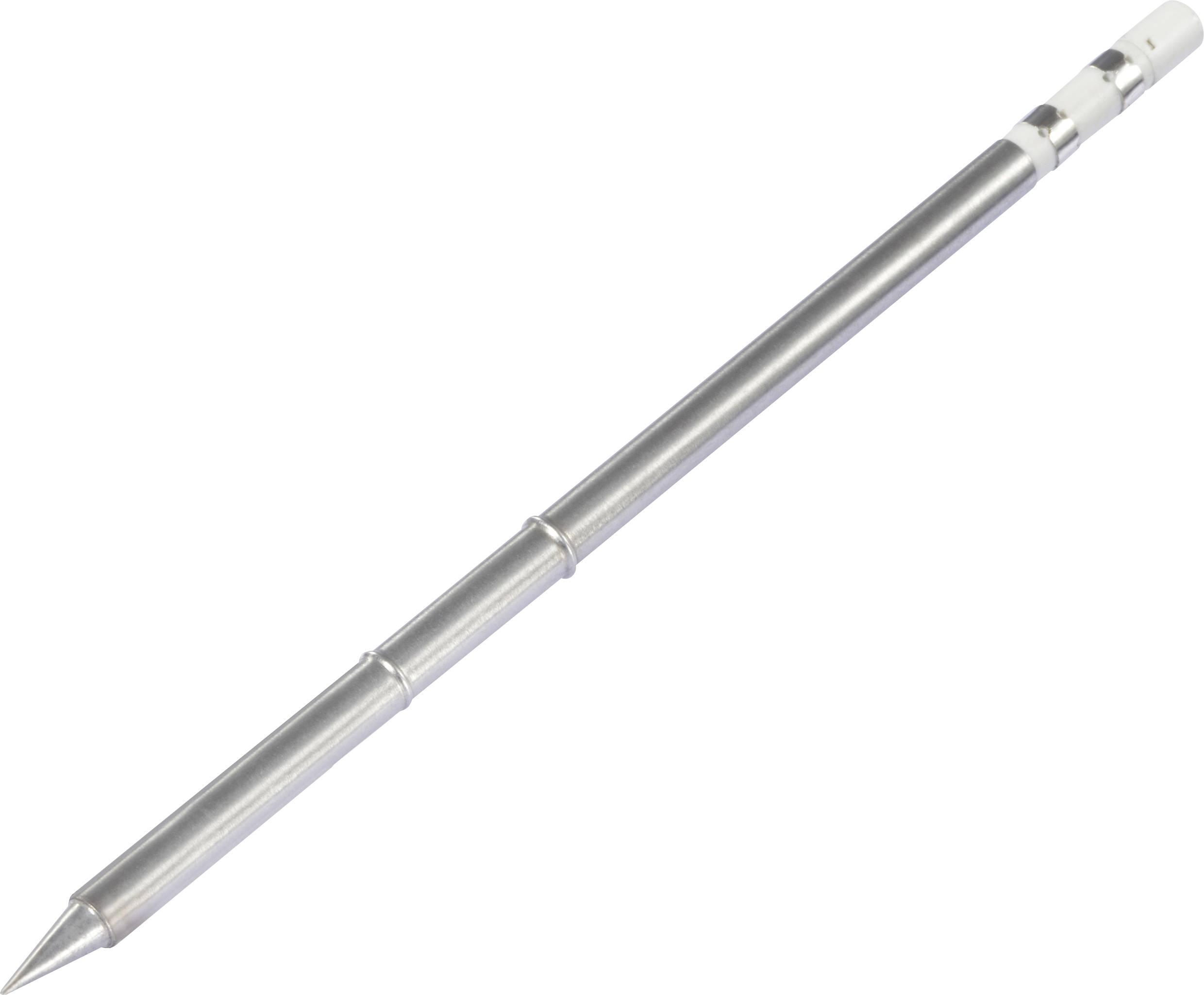 Un stylo argenté en métal avec une surface lisse et une pointe effilée est posé en diagonale sur un fond blanc.