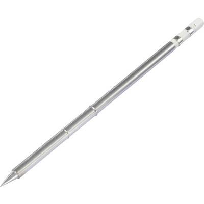 Un stylo argenté en métal avec une surface lisse et une pointe effilée est posé en diagonale sur un fond blanc.