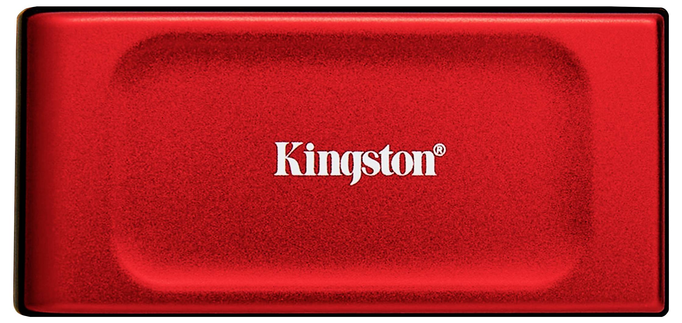 SSD externe portable de Kingston, de forme rectangulaire, avec une texture en relief et le logo Kingston au centre.