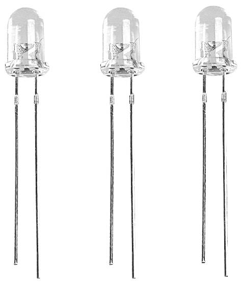 Trois LED transparentes avec de longs fils de connexion sur un fond blanc. Elles sont disposées de manière uniforme et sont droites.