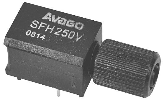 Récepteur optique noir SFH250V d'Avago avec deux broches de connexion et bouton cranté à droite.