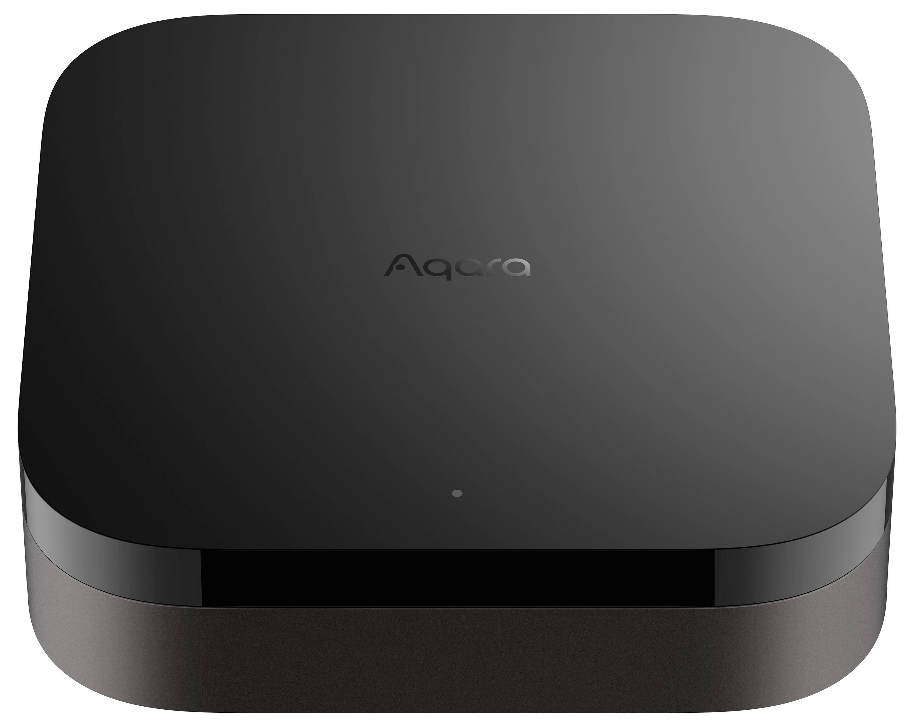 Un appareil carré noir aux angles arrondis, portant l'inscription 'Aqara' sur sa surface supérieure ; un design moderne et minimaliste.