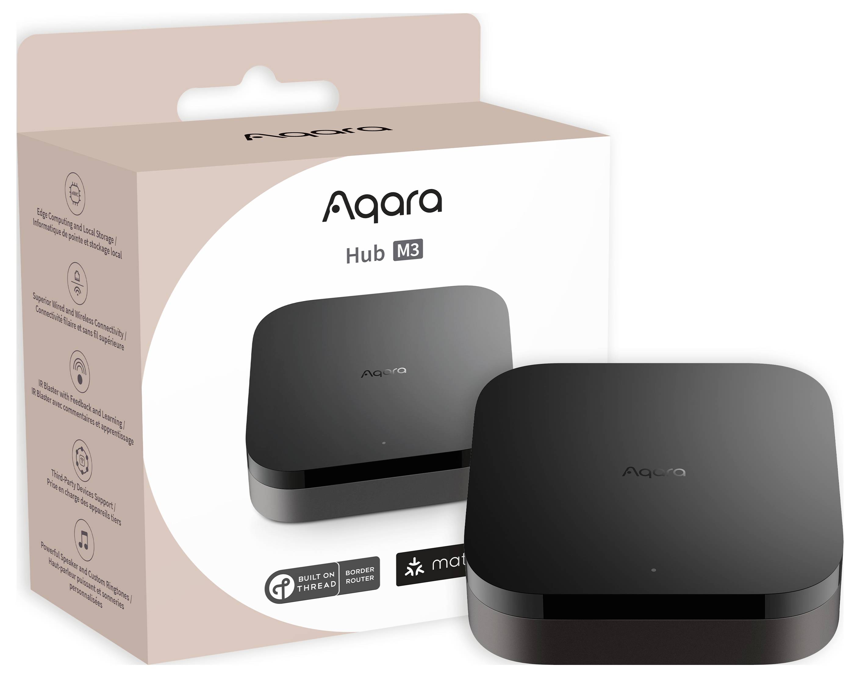 Hub intelligent pour maison connectée 'Aqara Hub M3' en noir à côté de son emballage. Le texte sur l'emballage décrit des fonctionnalités telles que la prise en charge de Thread et Matter.