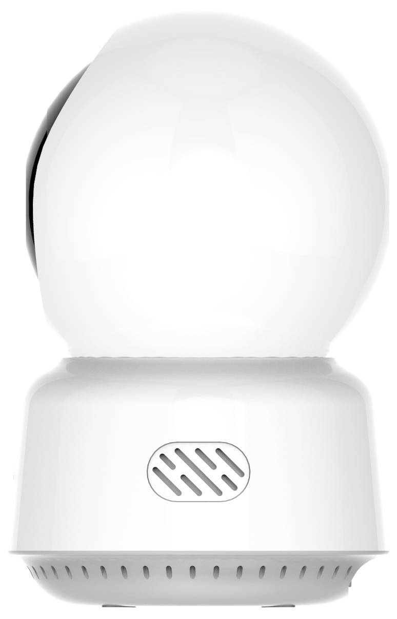 Caméra blanche, sphérique, avec des angles arrondis, montée sur un socle stable, conçue pour la surveillance d'un espace intérieur ; orientable de façon frontale.