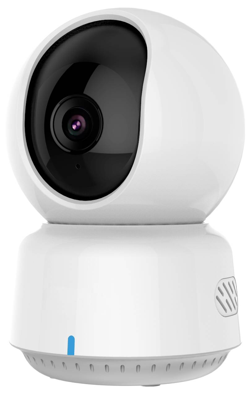 Caméra de surveillance blanche avec objectif circulaire, montée sur une base rotative, adaptée à la surveillance intérieure.