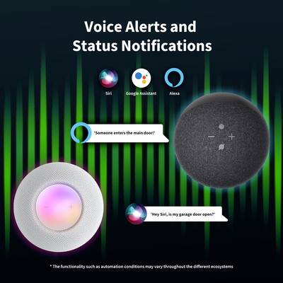 'Avertissements vocaux et notifications de statut' permet à Siri, Google Assistant, Alexa et aux appareils domestiques de surveiller les portes via des commandes vocales.