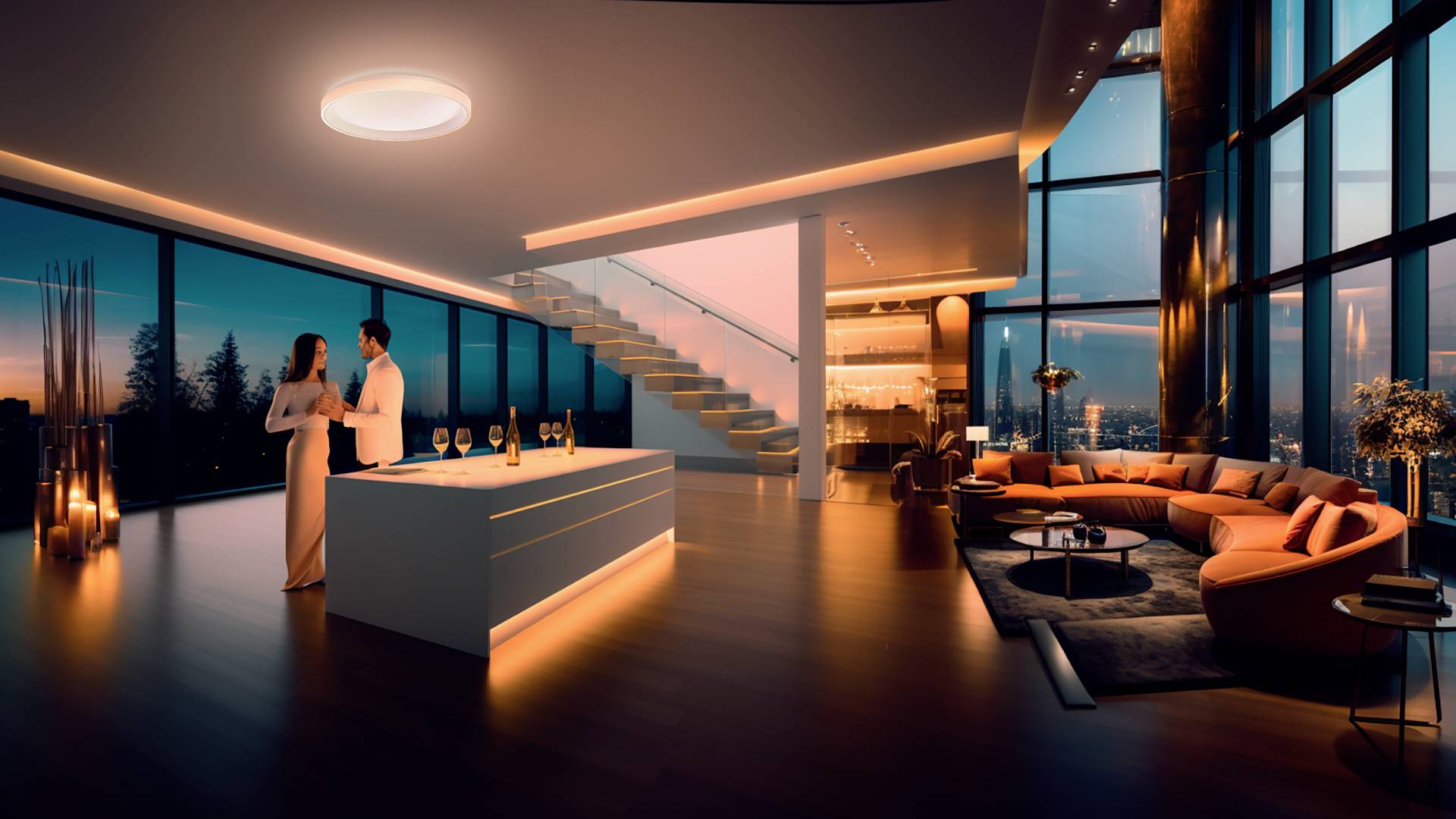Un salon élégant et moderne avec de grandes fenêtres offrant une vue sur la ville au coucher du soleil. Un couple se tient près d'un îlot de cuisine éclairé.