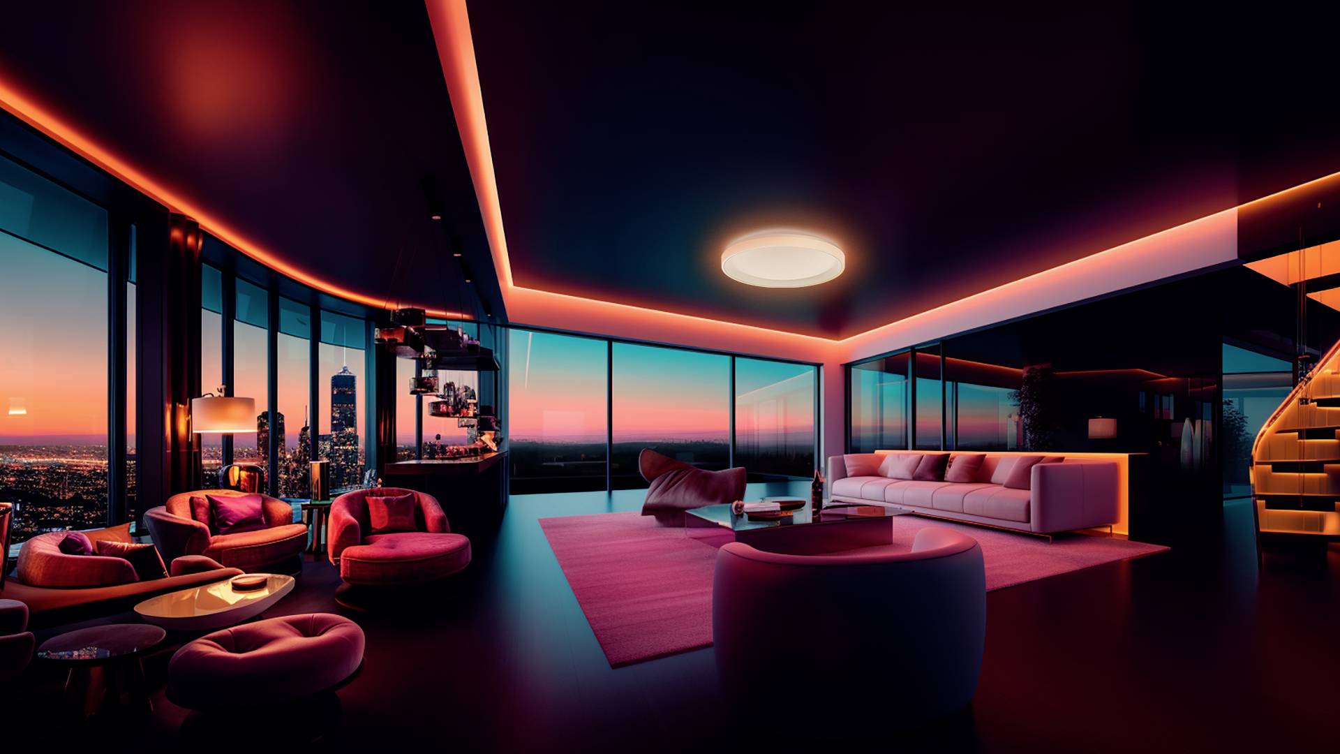 Salon luxueux dans un immeuble moderne avec des fenêtres panoramiques, des meubles élégants et un éclairage d'ambiance au coucher du soleil.