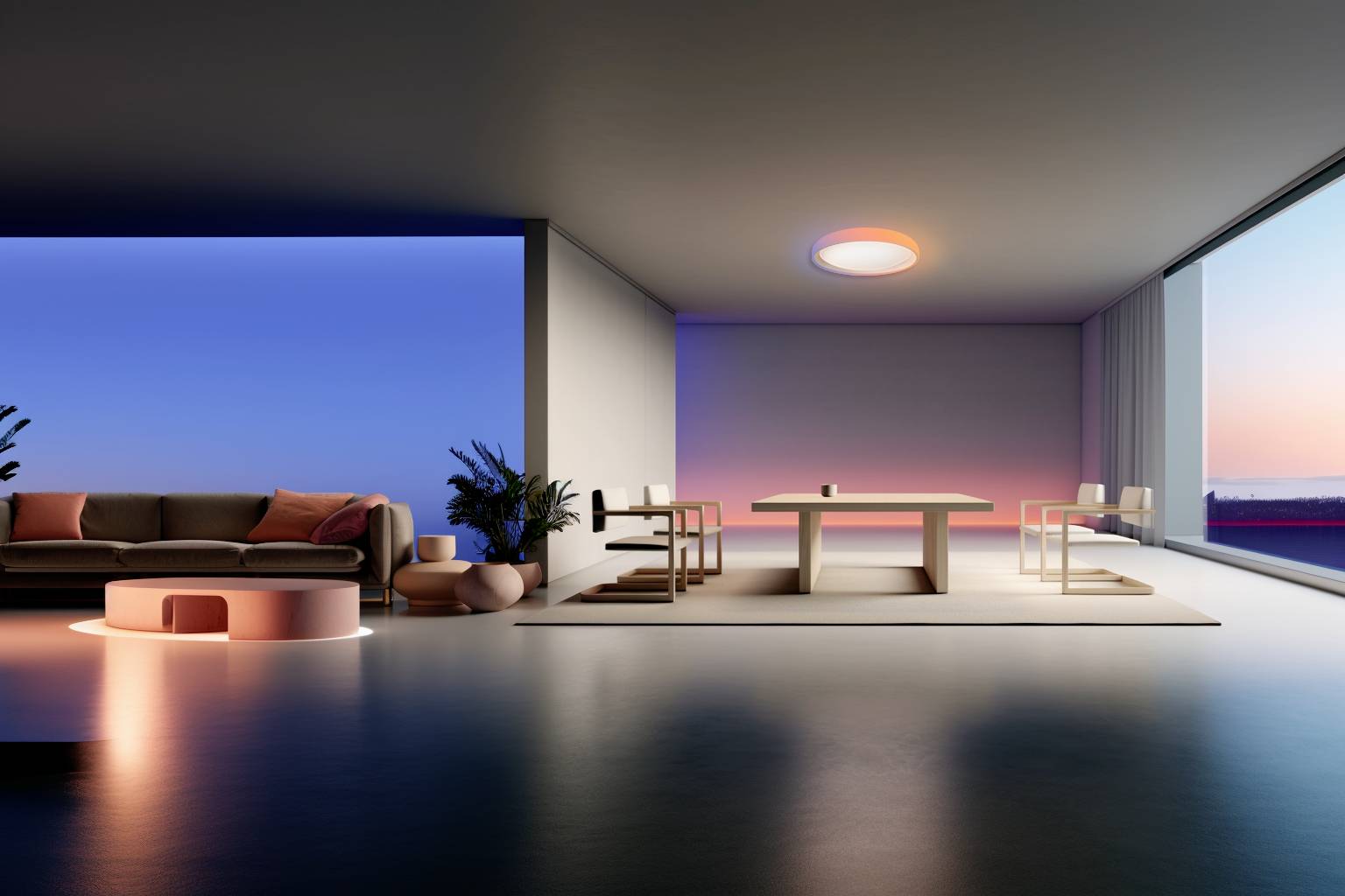 Salon moderne au coucher du soleil avec canapé, table et chaises. De grandes fenêtres offrent une vue sur le ciel aux couleurs chatoyantes.