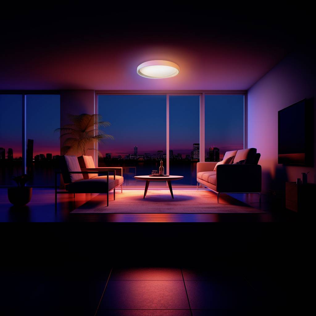 Un salon moderne au crépuscule avec vue sur la ville, éclairé par un plafonnier, avec des canapés et une table basse.