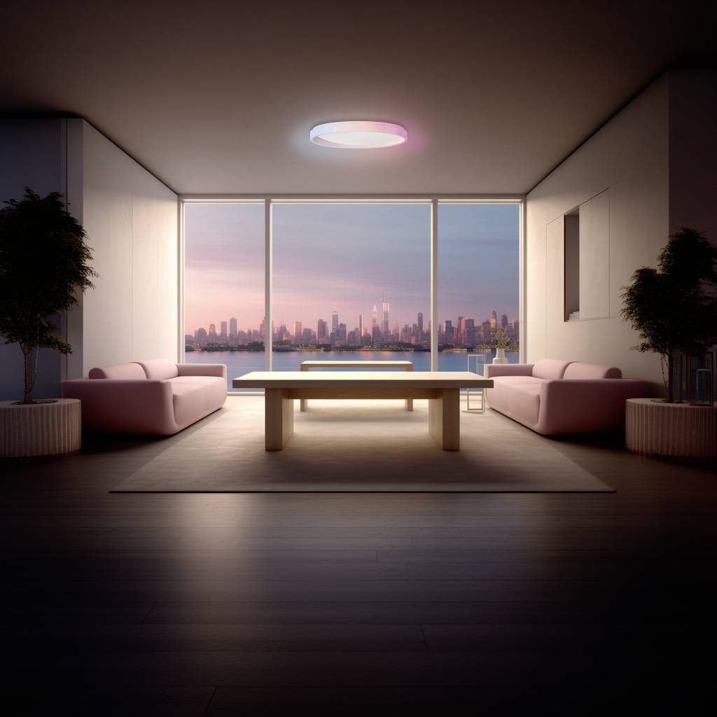 Un salon moderne avec de grandes fenêtres offrant une vue sur la ville au coucher du soleil. Au centre, une table est disposée, encadrée par des canapés.