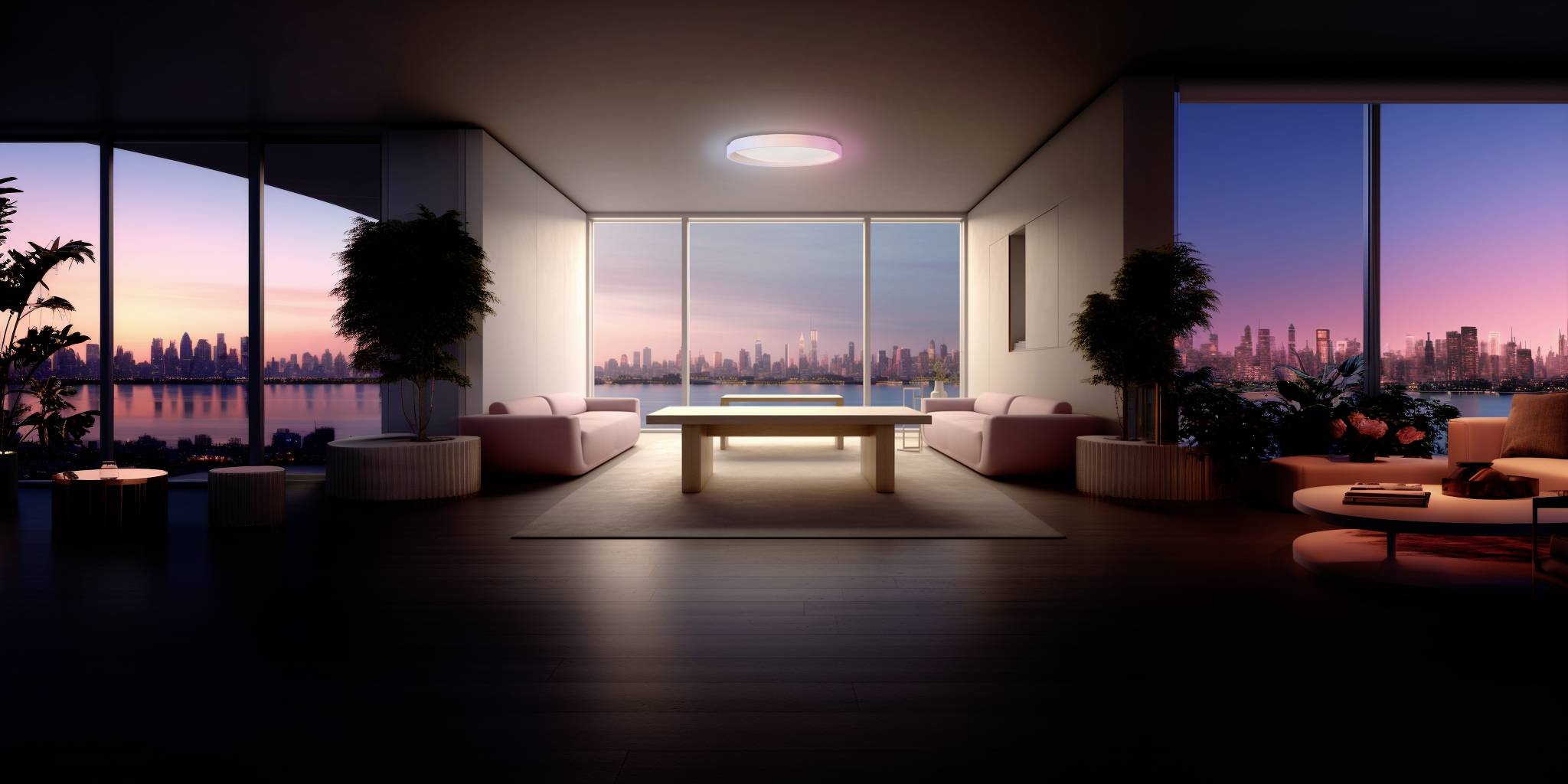 Un appartement moderne et élégant offrant une vue sur une skyline illuminée au coucher du soleil. Vaste espace de vie agrémenté de plantes et de meubles design.