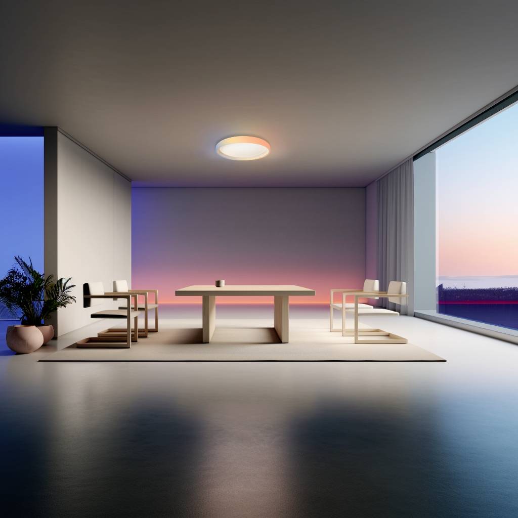 Espace moderne et minimaliste avec une grande table et quatre chaises ; fenêtre offrant une vue sur un coucher de soleil coloré à l'horizon.