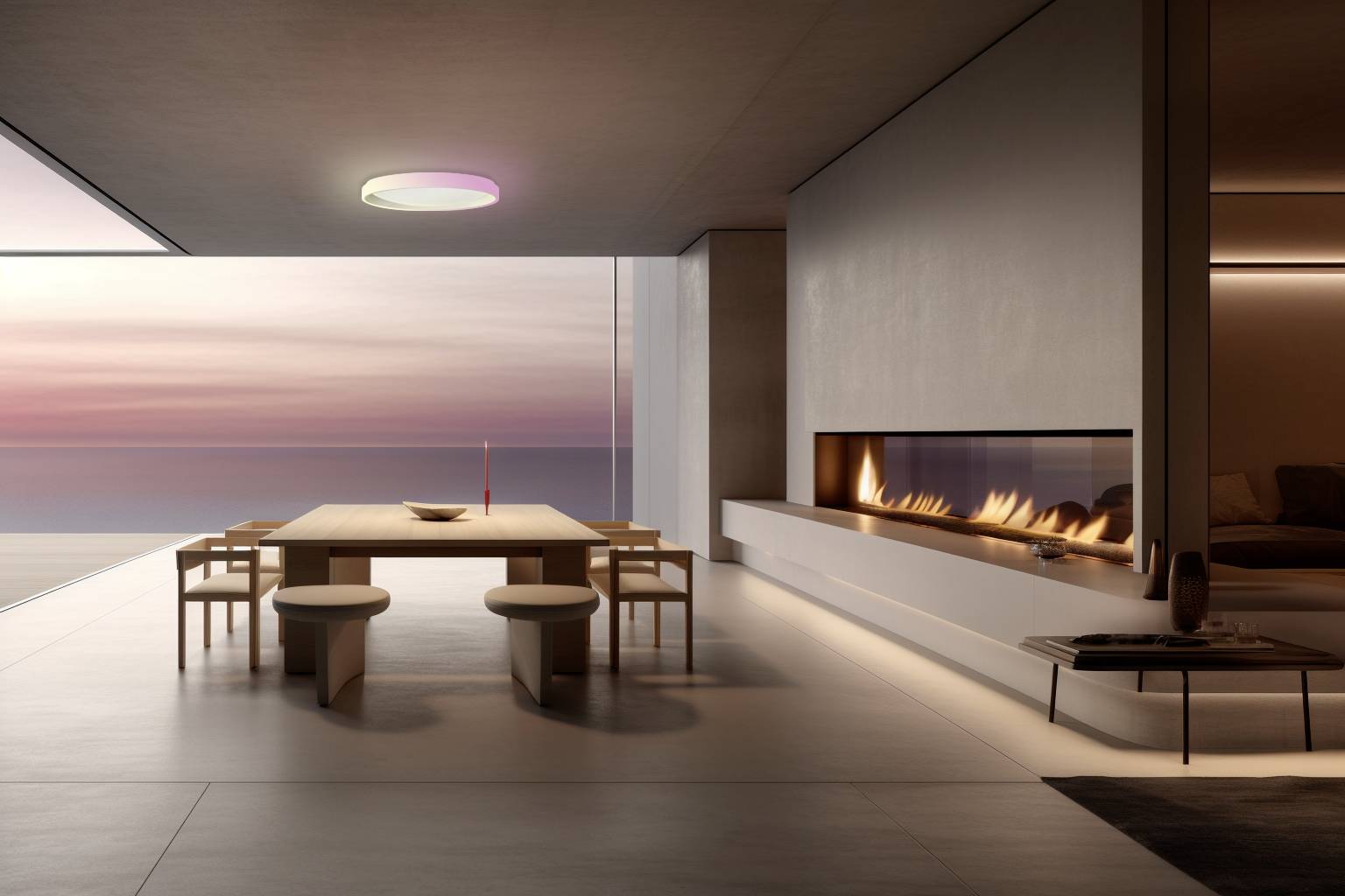 Salon moderne avec des meubles minimalistes, une longue table en bois et une cheminée. Grande vue sur le coucher de soleil à travers les fenêtres.