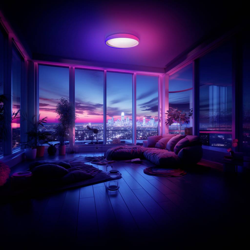 Un salon élégant doté de grandes baies vitrées offre une vue imprenable sur une ville illuminée au coucher du soleil.