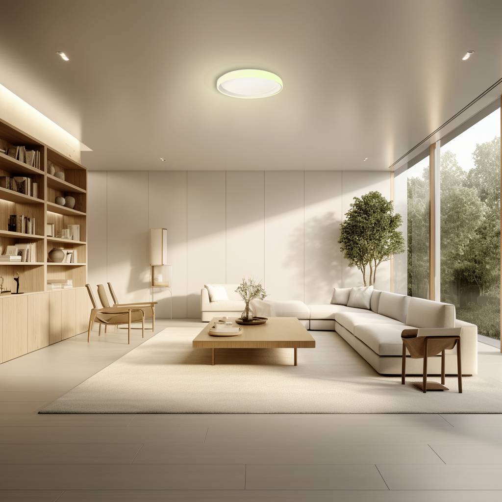 Un salon moderne avec une grande fenêtre, un canapé blanc, une table basse et une bibliothèque. Lumière naturelle pénétrant par la fenêtre.