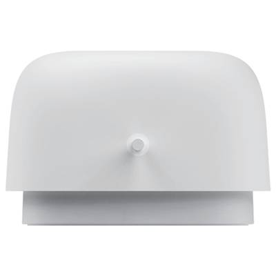Une couverture en plastique blanche, rectangulaire, avec des bords arrondis et un point de fixation central au milieu.
