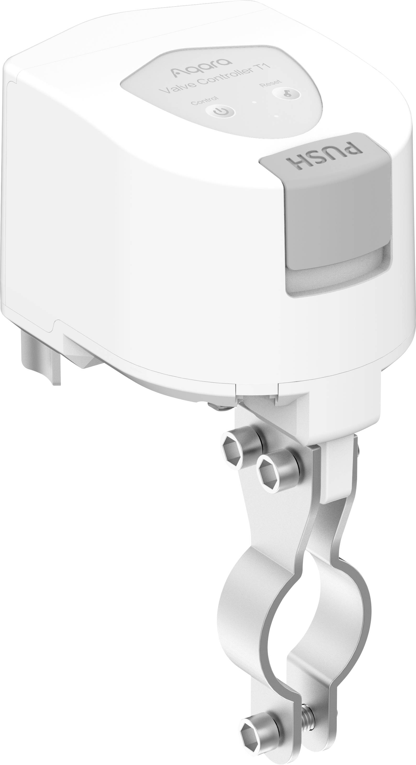 Un dispositif de ventilation électronique blanc portant l'inscription 'PUSH' sur un bouton. Il dispose d'une poignée métallique pour être fixé sur des tuyaux.