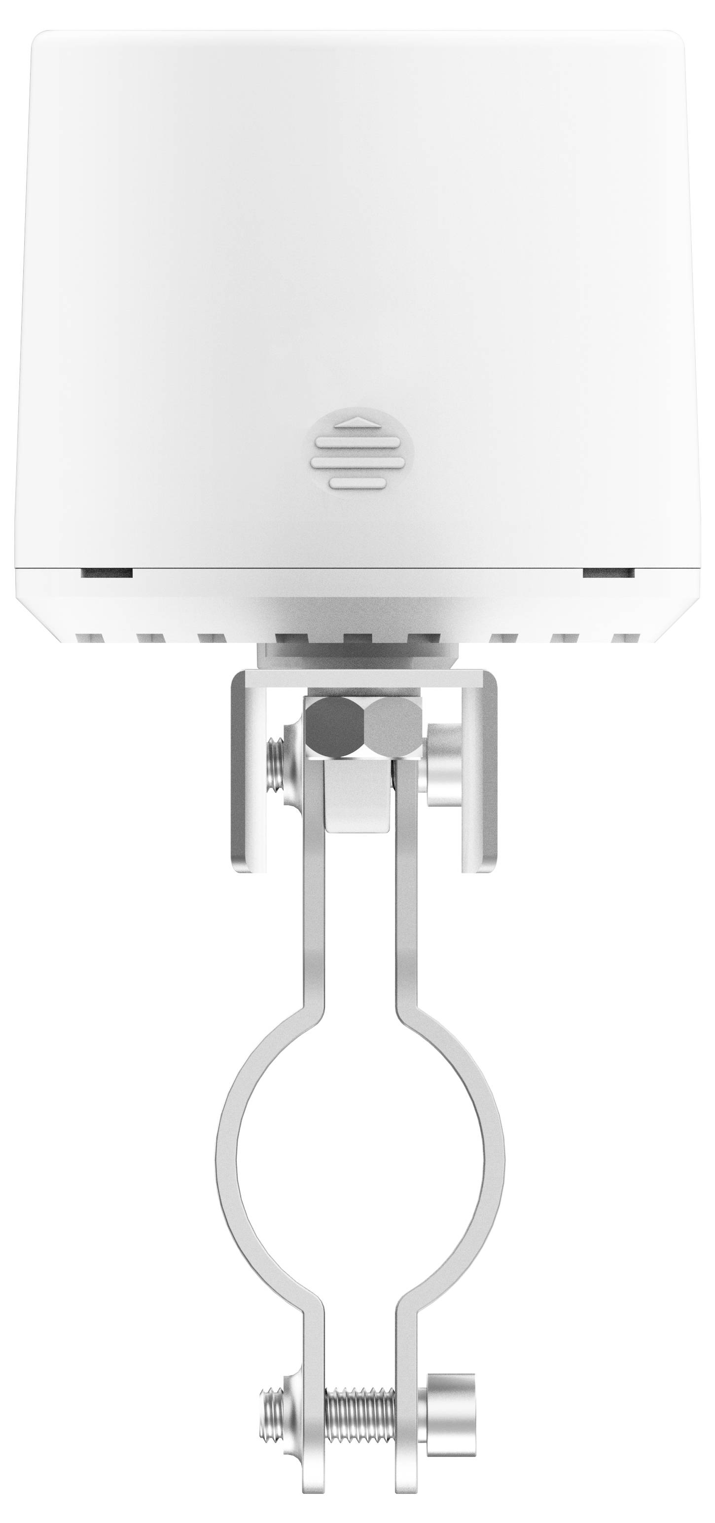 Un capteur blanc rectangulaire est monté sur un support métallique rond, fixé par des vis.